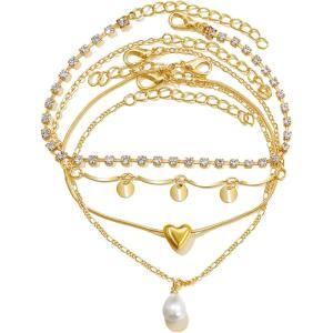 17IF 4 PCS Gold Ankle Bracelets For Women, Pearl Diamond Heart Layering Snake Ankle Bracelets Minimalist Summer Beach Foot Chain Cuban Ankle Jewelry Gift
