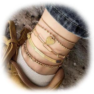 17IF 5 PCS Gold Ankle Bracelets For Women, Bead Heart Layering Snake Ankle Bracelets Minimalist Summer Beach Foot Chain Cuban Cool Punk Ankle Jewelry