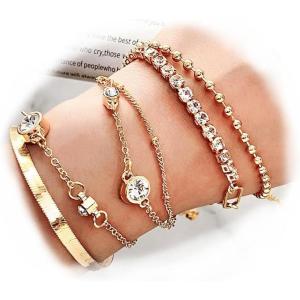 17IF 5 Pcs Gold Chain Ankle Bracelets Long For Women 14k Gold Plated Cubic Zirconia Tennis Bracelet Trendy Half Diamond Link Stackable Adjustable Bracelet(7.08″Bracelet)