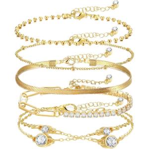 17IF 5 Pcs Gold Chain Ankle Bracelets Long For Women 14k Gold Plated Cubic Zirconia Tennis Bracelet Trendy Half Diamond Link Stackable Adjustable Bracelet(7.48″Ankle)