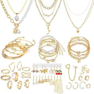 17IF 53 PCS(8 PACK) Silver Plated Jewelry Set with 6 Necklace 11 Ankle Bracelet 30 Kunckle Ring 6 Pair Earring hoop Vintage Boho Pearl for Women Birthday Travel Holiday(Classic)