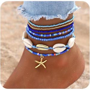 17IF 7 Pcs Colorful Shell Bracelet Anklet Set for Women, Boho Bead Strech Adjustable Beach Seaside Starfish Conch Chain Summer Travel Jewelry Gift(BLUE)