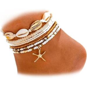 17IF 7 Pcs Colorful Shell Bracelet Anklet Set for Women, Boho Bead Strech Adjustable Beach Seaside Starfish Conch Chain Summer Travel Jewelry Gift(CREAM WHITE)