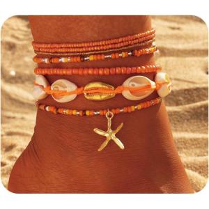 17IF 7 Pcs Colorful Shell Bracelet Anklet Set for Women, Boho Bead Strech Adjustable Beach Seaside Starfish Conch Chain Summer Travel Jewelry Gift(ORANGE)