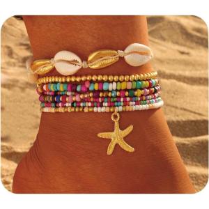17IF 7 Pcs Colorful Shell Bracelet Anklet Set for Women, Boho Bead Strech Adjustable Beach Seaside Starfish Conch Chain Summer Travel Jewelry Gift(PINK)
