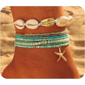 17IF 7 Pcs Colorful Shell Bracelet Anklet Set for Women, Boho Bead Strech Adjustable Beach Seaside Starfish Conch Chain Summer Travel Jewelry Gift(SKY)