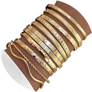 17IF Gold Bangle Bracelet For Women, 14k Multilayer Charm Textured Stackable Bracelets Boho Indian Chunky Cuff Fashion Jewelry Gift(11PWave)
