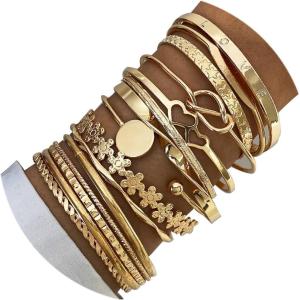 17IF Gold Bangle Bracelet For Women, 14k Multilayer Charm Textured Stackable Bracelets Boho Indian Chunky Cuff Fashion Jewelry Gift(15PFlower)
