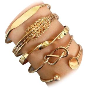 17IF Gold Bangle Bracelet For Women 14k Plated Multi Layer Cuff Bracelets Set Trendy Boho Textured Indian Punk Chunky Cable Smooth Bangles Elegance Stack Minimalist Jewelry Gift(Together)