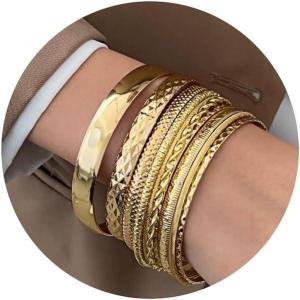 17IF Gold Bangle Bracelet For Women 14k Plated Multi Layer Cuff Bracelets Set Trendy Boho Textured Indian Punk Chunky Cable Smooth Bangles Elegance Stack Minimalist Jewelry Gift(Chunky)