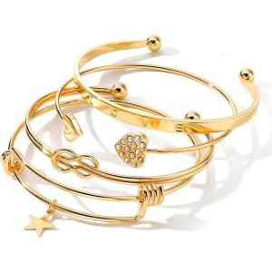 17IF Gold Bangle Bracelet For Women 14k Plated Multi Layer Cuff Bracelets Set Trendy Boho Textured Indian Punk Chunky Cable Smooth Bangles Elegance Stack Minimalist Jewelry Gift(Love)