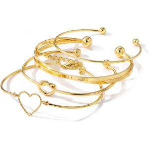 17IF Gold Bangle Bracelet For Women 14k Plated Multi Layer Cuff Bracelets Set Trendy Boho Textured Indian Punk Chunky Cable Smooth Bangles Elegance Stack Minimalist Jewelry Gift(Heart)
