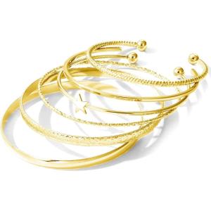 17IF Gold Bangle Bracelet For Women 14k Plated Multi Layer Cuff Bracelets Set Trendy Boho Textured Indian Punk Chunky Cable Smooth Bangles Elegance Stack Minimalist Jewelry Gift(Star)
