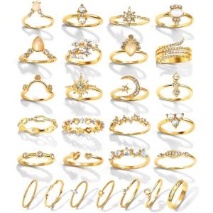 17IF Gold Boho Sparkle Knuckle Rings Set For Women, Vintage Fashion Aesthetic Trendy Joint Snake Ring Pack, Retro Pink Rhinestone Assorted Moon Star Crystal Love Leaf Diamond Pearl Jewelry(27 Moon)
