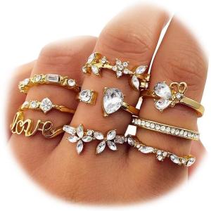 17IF Gold Boho Sparkle Knuckle Rings Set For Women, Vintage Fashion Aesthetic Trendy Joint Snake Ring Pack, Retro Pink Rhinestone Assorted Moon Star Crystal Love Leaf Diamond Pearl Jewelry(9 Love)