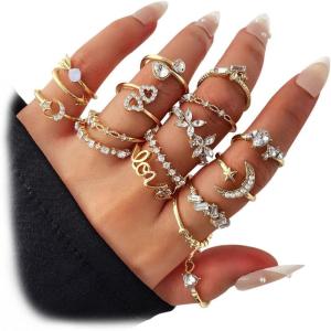 17IF Gold Boho Sparkle Knuckle Rings Set For Women, Vintage Fashion Aesthetic Trendy Joint Snake Ring Pack, Retro Pink Rhinestone Assorted Moon Star Crystal Love Leaf Diamond Pearl Jewelry(16 Flower)