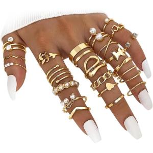 17IF Gold Vintage Knuckle Ring Set for Women, Boho Crystal Finger Aesthetic Pearl Sparkle Butterfly Chunky Stackable Midi Ring Pack(22P BigPearl)