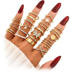 17IF Gold Vintage Knuckle Ring Set for Women, Boho Crystal Finger Aesthetic Pearl Sparkle Butterfly Chunky Stackable Midi Ring Pack(22P CrystalButter)