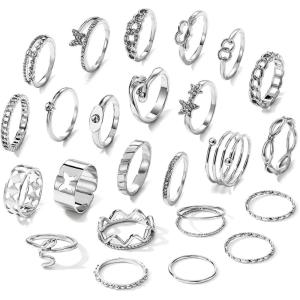 17IF Gold Vintage Knuckle Ring Set for Women, Boho Crystal Finger Aesthetic Pearl Sparkle Butterfly Chunky Stackable Midi Ring Pack(24P SilverHug)