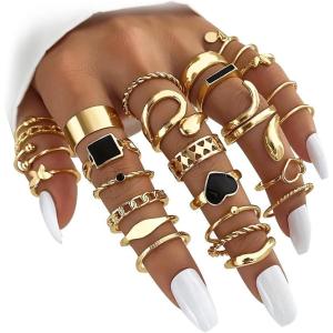 17IF Gold Vintage Knuckle Ring Set for Women, Boho Crystal Finger Aesthetic Pearl Sparkle Butterfly Chunky Stackable Midi Ring Pack(27P BlackHeart)