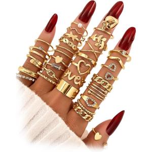 17IF Gold Vintage Knuckle Ring Set for Women, Boho Crystal Finger Aesthetic Pearl Sparkle Butterfly Chunky Stackable Midi Ring Pack(30P BigHeart)