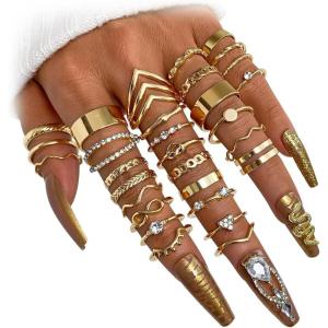 17IF Gold Vintage Knuckle Ring Set for Women, Boho Crystal Finger Aesthetic Pearl Sparkle Butterfly Chunky Stackable Midi Ring Pack(30P Boho)