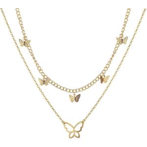17IF Multilayered Necklace Punk Chunky Gold Long Chain Lock Necklace, Mary Cross Choker Pendant Butterfly Necklace Delicate Jewelry for Women Girls (3-2-6Butter)
