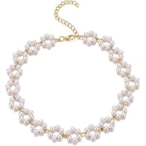 17IF Pearl Necklace for Women Pretty Choker Chain for Girl 13.2inch and 2inch Adjustable Chain (P-GoldFlower)