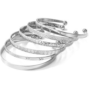 17IF Silver Bangle Bracelet For Women 14k Plated Multi Layer Cuff Bracelets Set Trendy Boho Textured Indian Punk Chunky Cable Smooth Bangles Elegance Stack Minimalist Jewelry Gift(Love)