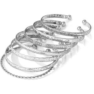 17IF Silver Bangle Bracelet For Women 14k Plated Multi Layer Cuff Bracelets Set Trendy Boho Textured Indian Punk Chunky Cable Smooth Bangles Elegance Stack Minimalist Jewelry Gift(Boho)