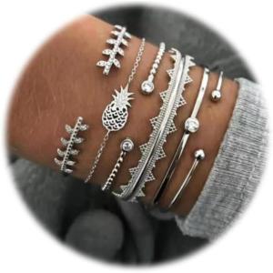 17IF Silver Bangle Bracelet For Women 14k Plated Multi Layer Cuff Bracelets Set Trendy Boho Textured Indian Punk Chunky Cable Smooth Bangles Elegance Stack Minimalist Jewelry Gift(Pineapple)