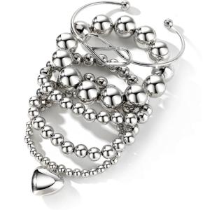 17IF Silver Bangle Bracelet For Women 14k Plated Multi Layer Cuff Bracelets Set Trendy Boho Textured Indian Punk Chunky Cable Smooth Bangles Elegance Stack Minimalist Jewelry Gift(Ball)