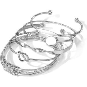 17IF Silver Bangle Bracelet For Women 14k Plated Multi Layer Cuff Bracelets Set Trendy Boho Textured Indian Punk Chunky Cable Smooth Bangles Elegance Stack Minimalist Jewelry Gift(Together)