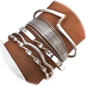 17IF Silver Bangle Bracelet for Women, 14k Multilayer Charm Textured Stackable Bracelets Lightning Bangles Indian Chunky Cuff Fashion Jewelry Gift(5pcs Lightning)