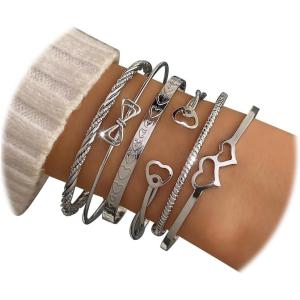 17IF Silver Bangle Bracelet for Women, 14k Multilayer Charm Textured Stackable Bracelets Lightning Bangles Indian Chunky Cuff Fashion Jewelry Gift(6pcs Butter)