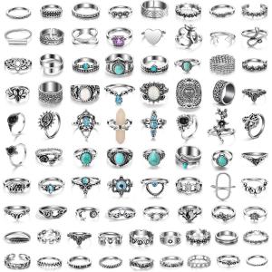 17IF Vintage Silver Knuckle Rings Set for Women Men, Chunky Rings Aesthetic Snake Grunge Stackable Gothic Ring Adjustable Y2K Punk Bulky Boho Finger Alt of Rings, Stacking Fairy Skull Frog Heart Star Flower Midi Ring Pack(85)
