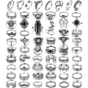 17IF Vintage Silver Knuckle Rings Set for Women Men, Chunky Rings Aesthetic Snake Grunge Stackable Gothic Ring Adjustable Y2K Punk Bulky Boho Finger Alt of Rings, Stacking Fairy Skull Frog Heart Star Flower Midi Ring Pack(60)