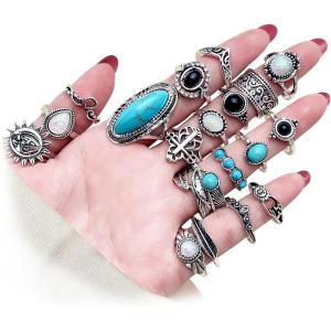 17IF Vintage Silver Knuckle Rings Set for Women Men, Chunky Rings Aesthetic Snake Grunge Stackable Gothic Ring Adjustable Y2K Punk Bulky Boho Finger Alt of Rings, Stacking Fairy Skull Frog Heart Star Flower Midi Ring Pack(19)