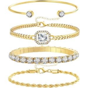 4 Pcs Dainty Gold Silver Bracelets Set for Women 14K Plated Link Cubic Zirconia Paperclip Stake Layering Chain Adjustable Trendy Hand Jewelry(Golden)