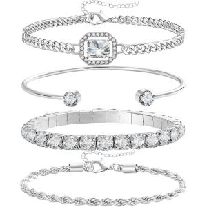 4 Pcs Dainty Gold Silver Bracelets Set for Women 14K Plated Link Cubic Zirconia Paperclip Stake Layering Chain Adjustable Trendy Hand Jewelry(Silver)