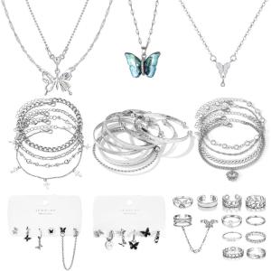 42 Pcs(10 Pack) Silver Plated Jewelry Set for Women With 3 Necklace 8 Bracelet 7 Bangle 12 Ring 12 Pcs Stud Earring Hoop Sparkle Butterfly Pack for Happy