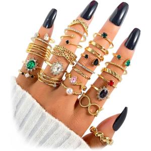 Gold Boho Sparkle Knuckle Rings Set For Women, Vintage Fashion Aesthetic Trendy Joint Snake Ring Pack, Retro Green Black Pink Colorful Rhinestone Star Crystal Leaf Diamond Pearl Jewelry(Gold-26Pcs)
