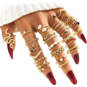 Gold Boho Sparkle Knuckle Rings Set For Women, Vintage Fashion Aesthetic Trendy Joint Snake Ring Pack, Retro Green Black Pink Colorful Rhinestone Star Crystal Leaf Diamond Pearl Jewelry(Gold-30Pcs)