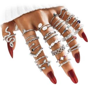 Gold Boho Sparkle Knuckle Rings Set For Women, Vintage Fashion Aesthetic Trendy Joint Snake Ring Pack, Retro Green Black Pink Colorful Rhinestone Star Crystal Leaf Diamond Pearl Jewelry(Gold)