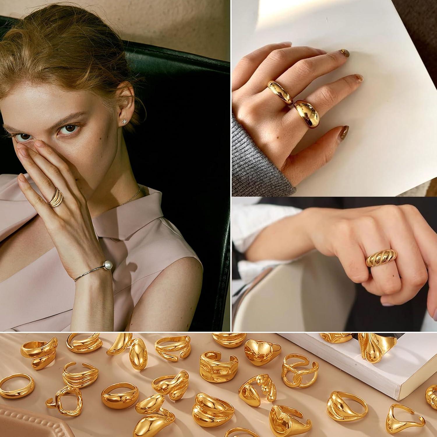 image16 Pcs Chunky Gold Rings Set for Women Classic Thick Adjustable Rings Stackable Midi Finger Womens Stack Ring Pack for Jewelry GiftsAA