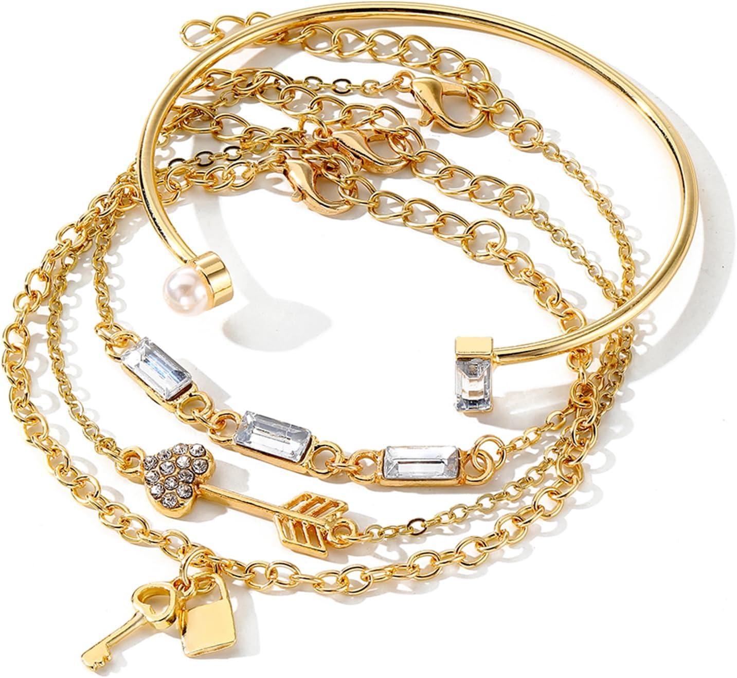 image17IF 4 Pcs Gold Bangle Bracelet for Women Dainty 14k Chunky Trendy Hand Cuff Jewelry Set Charm Stack Accessories Link Adjustable Wrist for Aesthetic OutfitKeyLock