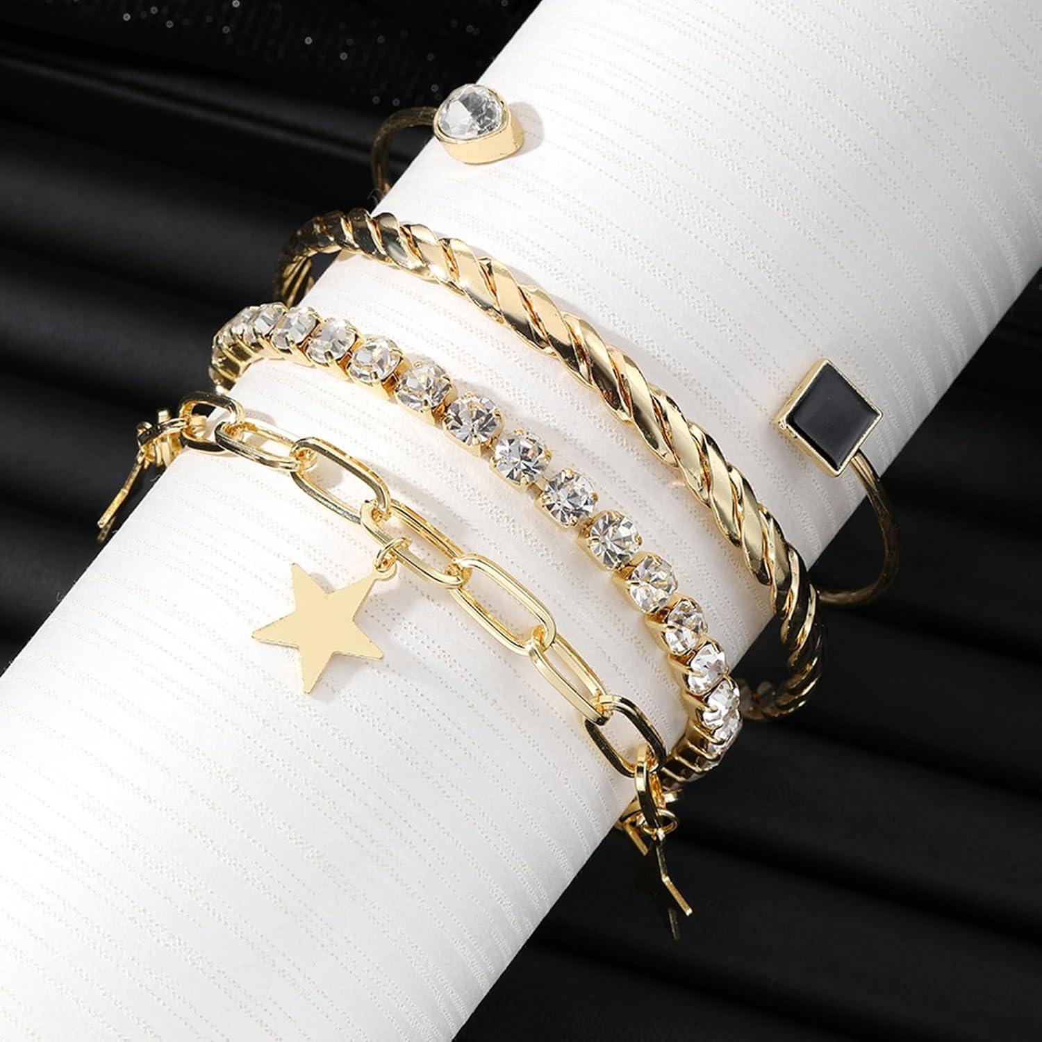image17IF 4 Pcs Gold Bangle Bracelet for Women Dainty 14k Chunky Trendy Hand Cuff Jewelry Set Charm Stack Accessories Link Adjustable Wrist for Aesthetic OutfitBlack