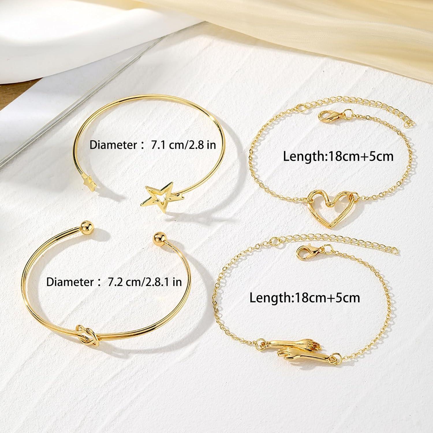 image17IF 4 Pcs Gold Bangle Bracelet for Women Dainty 14k Chunky Trendy Hand Cuff Jewelry Set Charm Stack Accessories Link Adjustable Wrist for Aesthetic OutfitStarHeart