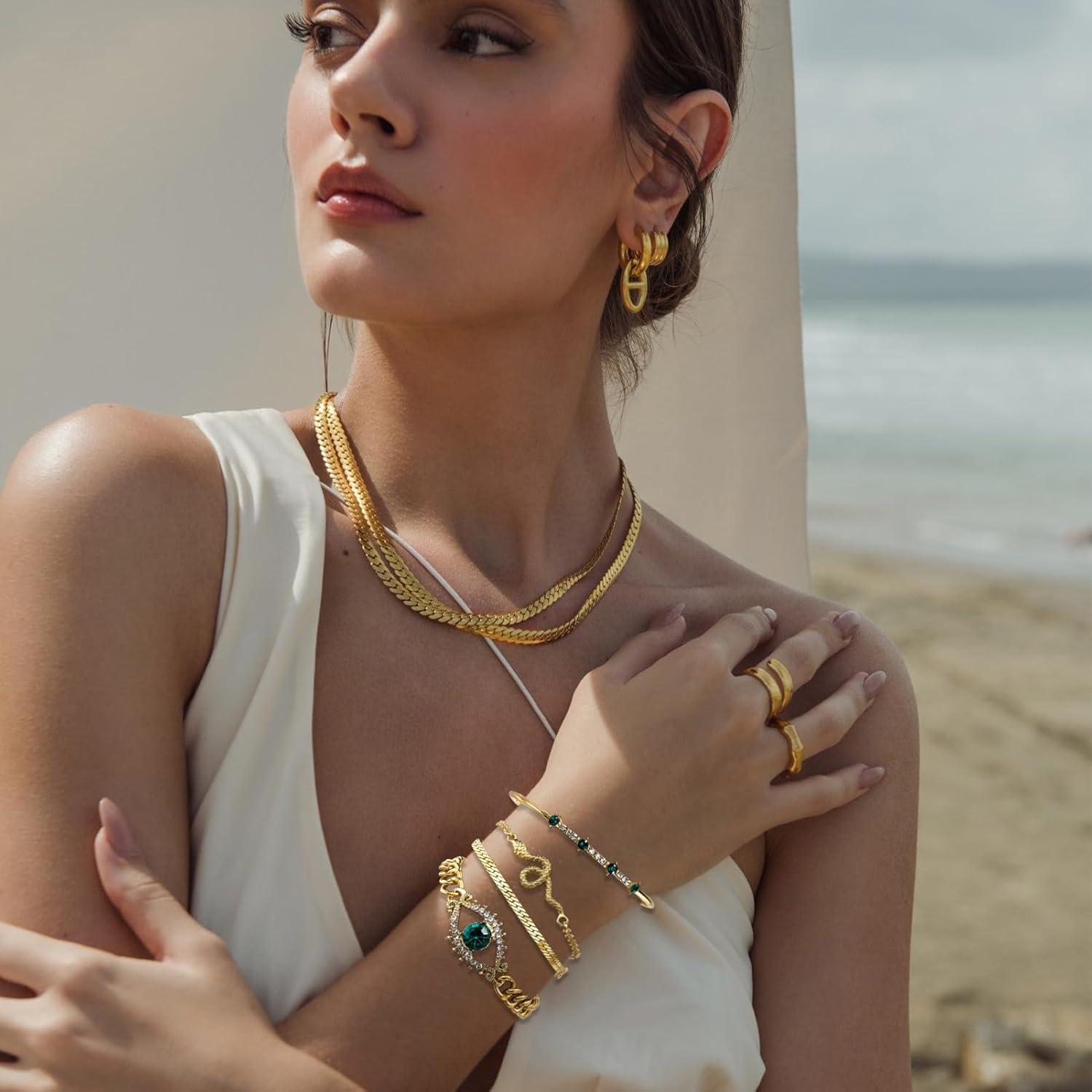 image17IF 4 Pcs Gold Bangle Bracelet for Women Dainty 14k Chunky Trendy Hand Cuff Jewelry Set Charm Stack Accessories Link Adjustable Wrist for Aesthetic OutfitEvilEyes