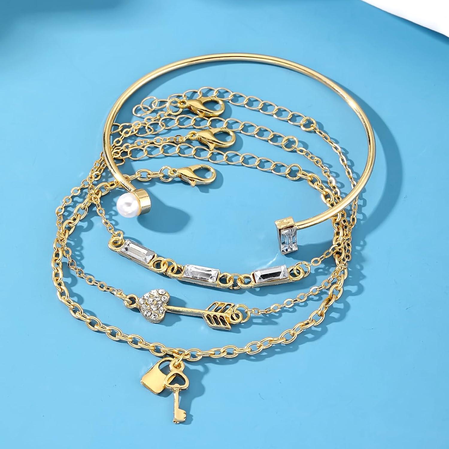 image17IF 4 Pcs Gold Bangle Bracelet for Women Dainty 14k Chunky Trendy Hand Cuff Jewelry Set Charm Stack Accessories Link Adjustable Wrist for Aesthetic OutfitKeyLock